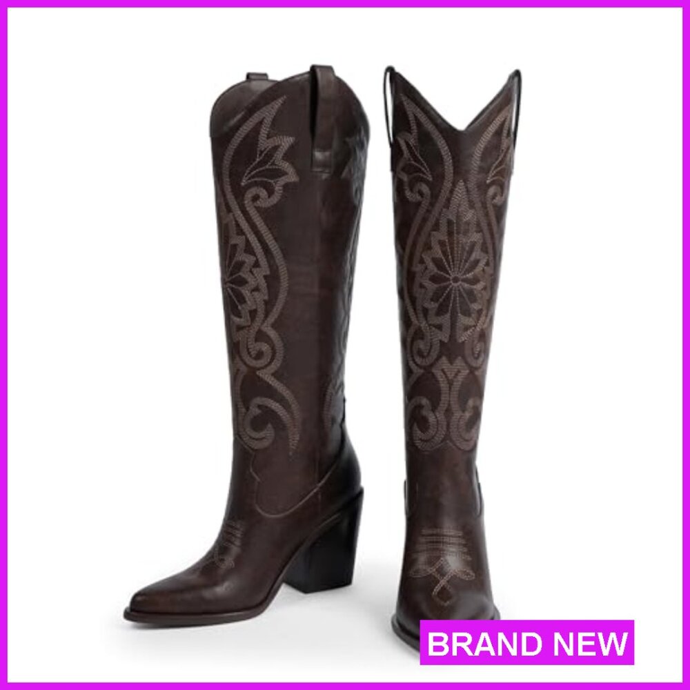 Knee High Cowboy Boots Embroidered Western Chunky Heel Pointed Toe Slip On - Picture 6 of 7
